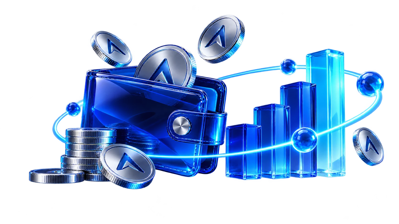 Blue glass wallet, silver coins and growth illustration